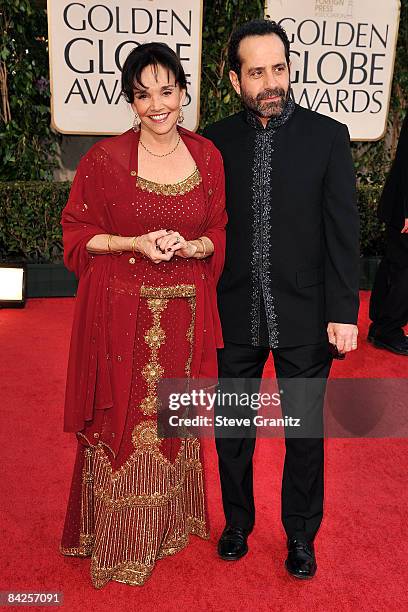 Actor Tony Shalhoub and Brooke Adams arrive at the 66th Annual Golden Globe Awards held at the Beverly Hilton Hotel on January 11, 2009 in Beverly...