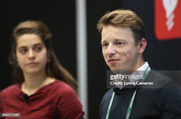 Peter Legters of KNVB talks with Tessel Middag of the Netherlands and Manchester City during day 1 of the Soccerex Global Convention at Manchester...