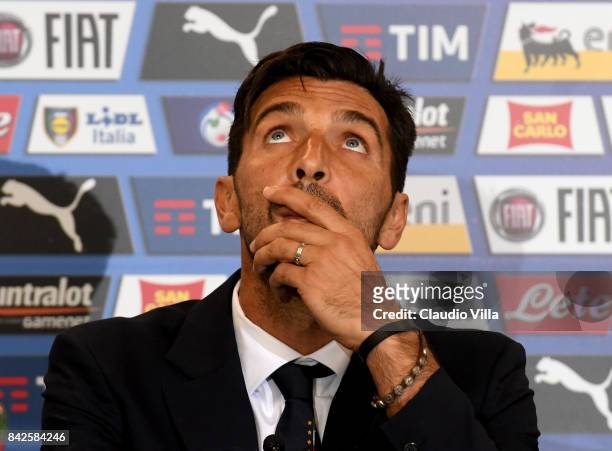 Gianluigi Buffon of Italy speaks with the media during a press conference at Mapei Stadium - Citta' del Tricolore on September 4, 2017 in Reggio...