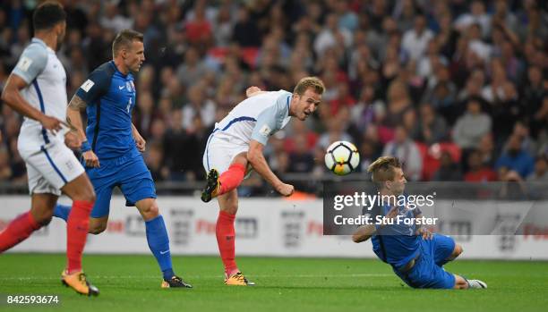 Harry Kane of England shoots during the FIFA 2018 World Cup Qualifier between England and Slovakia at Wembley Stadium on September 4, 2017 in London,...