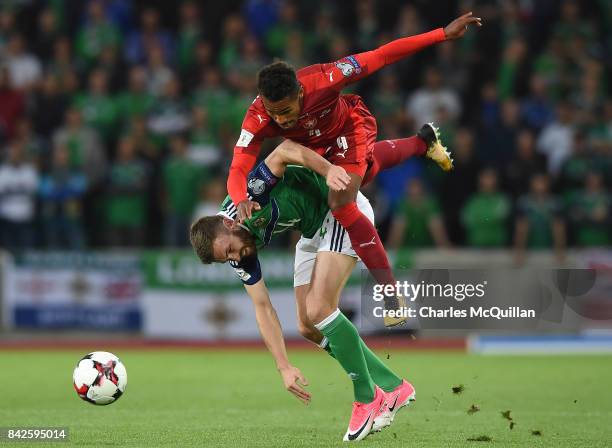 Stuart Dallas of Northern Ireland and Theodor Gebre Selassie of Czech Republic during the FIFA 2018 World Cup Qualifier between Northern Ireland and...