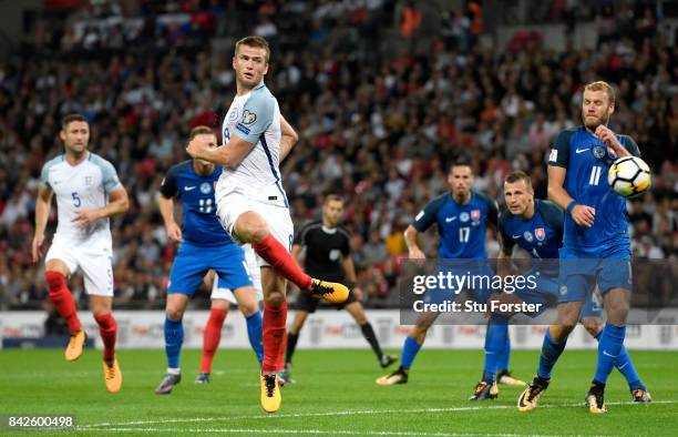 Eric Dier of England scores their first goal during the FIFA 2018 World Cup Qualifier between England and Slovakia at Wembley Stadium on September 4,...