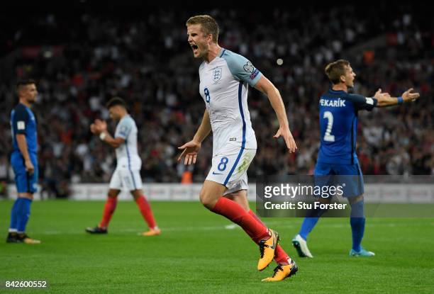 Eric Dier of England celebrates as he scores their first goal during the FIFA 2018 World Cup Qualifier between England and Slovakia at Wembley...