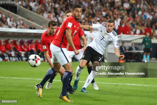 Julian Draxler of Germany scores to make it 2:0 for Germany during the FIFA 2018 World Cup Qualifier between Germany and Norway at Mercedes-Benz...