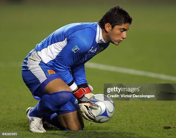 Goalkeeper Jose de Jesus Corona of UAG Tecos makes a save during their InterLiga match against Toluca at The Home Depot Center on January 8, 2009 in...