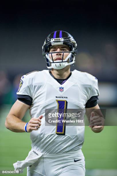 Josh Woodrum of the Baltimore Ravens warming up before a preseason game against the New Orleans Saints at Mercedes-Benz Superdome on August 31, 2017...