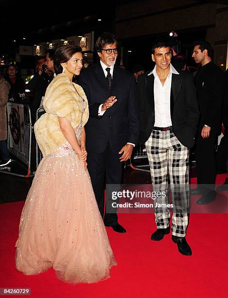 Actors Deepika Padukone, Amitabh Bachchan and Akshay Kuma attend the Uk premiere of Chandni Chowk to China at Empire Cinema on January 12, 2009 in...