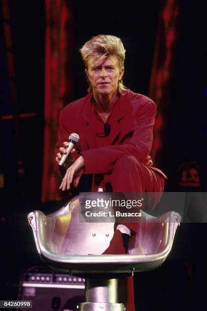 English musician David Bowie performs in concert, New York, New York, circa 1987.