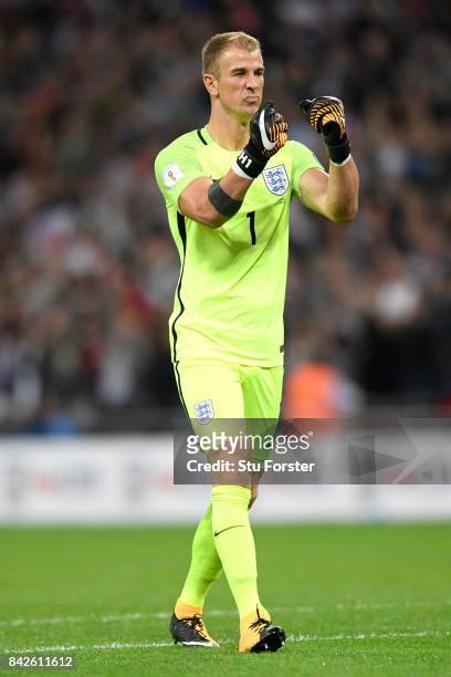 Joe Hart of England reacts during the FIFA 2018 World Cup Qualifier between England and Slovakia at Wembley Stadium on September 4, 2017 in London,...