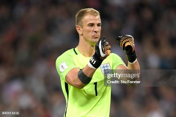 Joe Hart of England reacts during the FIFA 2018 World Cup Qualifier between England and Slovakia at Wembley Stadium on September 4, 2017 in London,...