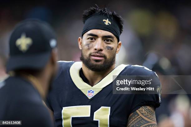Manti Te'o of the New Orleans Saints on the sidelines during a preseason game against the Baltimore Ravens at Mercedes-Benz Superdome on August 31,...