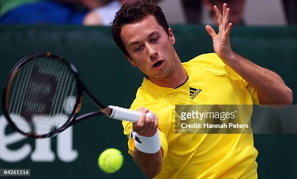 Philipp Kohlschreiber of Germany plays a forehand in his match against Dominik Hrbaty of Slovakia during day two of the Heineken Open at ASB Tennis...