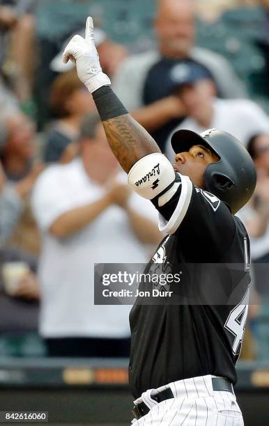 Rymer Liriano of the Chicago White Sox reacts after hitting a two run home run against the Cleveland Indians during the fifth inning at Guaranteed...