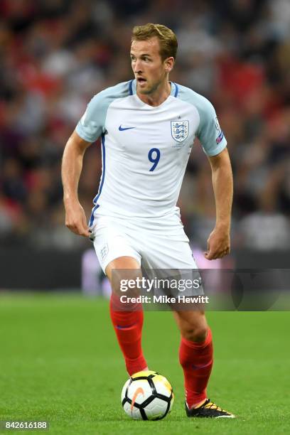 Harry Kane of England in action during the FIFA 2018 World Cup Qualifier between England and Slovakia at Wembley Stadium on September 4, 2017 in...