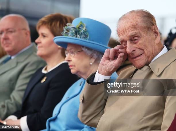 Queen Elizabeth II, Prince Philip, Duke of Edinburgh and First Minister Nicola Sturgeon on the Queensferry Crossing during the official opening of...