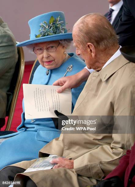 Queen Elizabeth II and Prince Philip, Duke of Edinburgh on the Queensferry Crossing during the official opening of the new bridge across the Firth of...