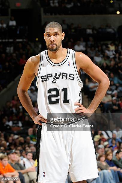 Tim Duncan of the San Antonio Spurs rests on the court during the game against the Oklahoma City Thunder on December 14, 2008 at the AT&T Center in...