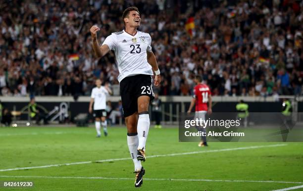 MArio Gomez of Germany celebrates after scoring his teams sixth goal during the FIFA 2018 World Cup Qualifier between Germany and Norway at...
