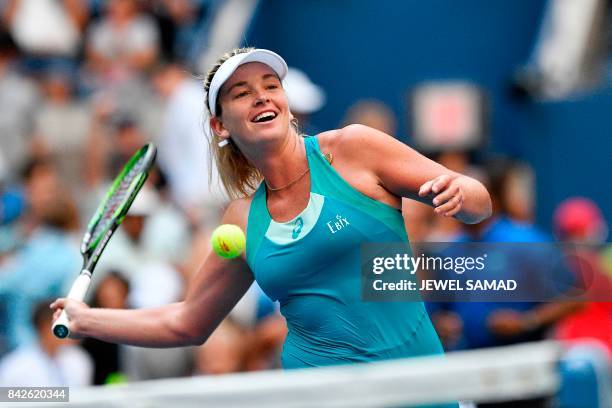 CoCo Vandeweghe of the US celebrates after defeating Lucie Safarova of the Czech Republic during their 2017 US Open Women's Singles Round 4 match at...