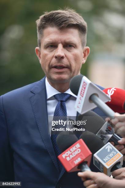 Ryszard Petru, the Leader of 'Nowoczesna' Political Pary, addresses the media during the press conference about the future of Polish education from...