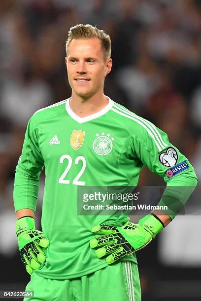 Marc-Andre ter Stegen of Germany smiles after the FIFA 2018 World Cup Qualifier between Germany and Norway at Mercedes-Benz Arena on September 4,...