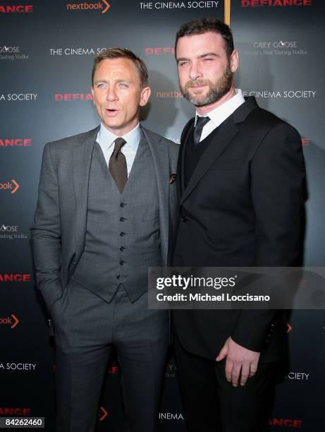 Actors Daniel Craig and Liev Schreiber attend the Cinema Society and Nextbook screening of "Defiance" at the Landmark's Sunshine Cinema on January...