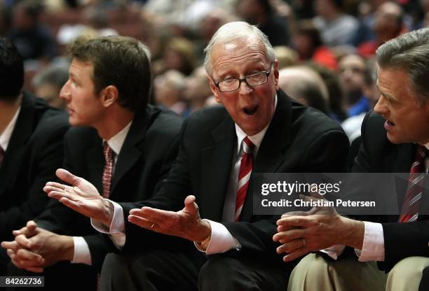 Head coach Steve Fisher of the San Diego State Aztecs reacts during the John R. Wooden Classic game against the Saint Mary's Gaels at Honda Center on...