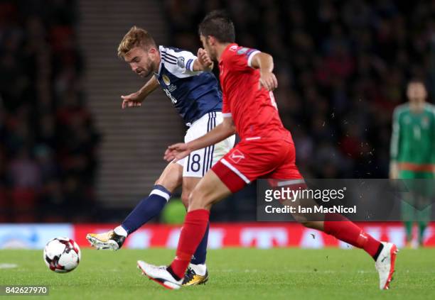 James Morrison of Scotland shoots during the FIFA 2018 World Cup Qualifier between Scotland and Malta at Hampden Park on September 4, 2017 in...