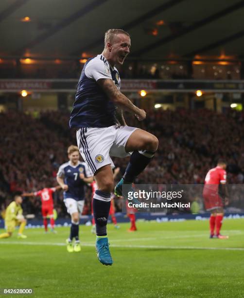 Leigh Griffiths of Scotland celebrates after he scores the second goal during the FIFA 2018 World Cup Qualifier between Scotland and Malta at Hampden...