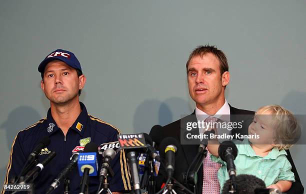 Matthew Hayden alongside his son Thomas and captain Ricky Ponting addresses the media at a press conference announcing his retirement from...