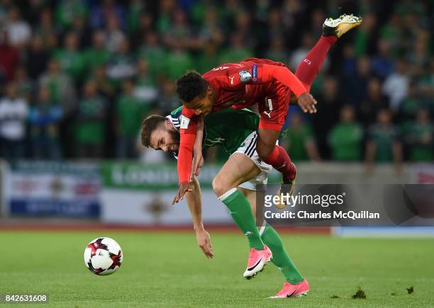 Stuart Dallas of Northern Ireland and Theodor Gebre Selassie of Czech Republic during the FIFA 2018 World Cup Qualifier between Northern Ireland and...
