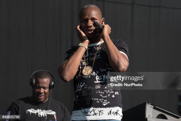 English rapper Giggs performs live on the third day of Reading Festival, Reading on August 27, 2017