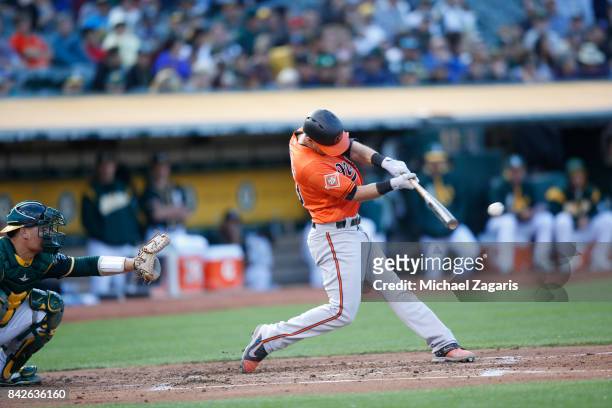 Joey Rickard of the Baltimore Orioless bats during the game against the Oakland Athletics at the Oakland Alameda Coliseum on August 11, 2017 in...