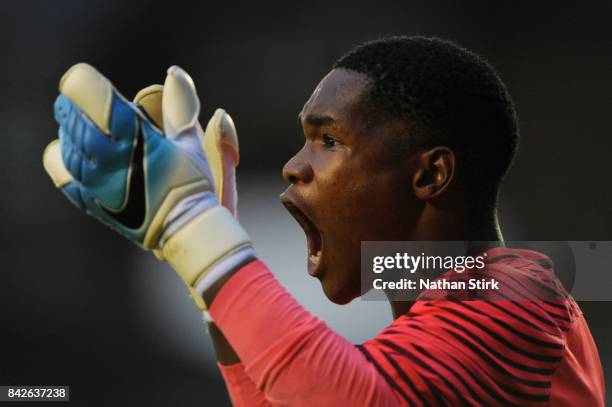 Phillip Lesoma of Brazil shouts to his team mates during the international friendly match between England U18 and South Africa U18 on September 4,...