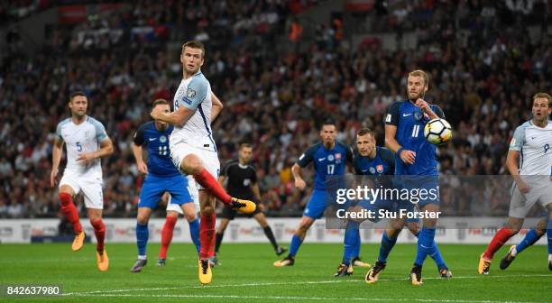 England player Eric Dier scores the first goal during the FIFA 2018 World Cup Qualifier between England and Slovakia at Wembley Stadium on September...