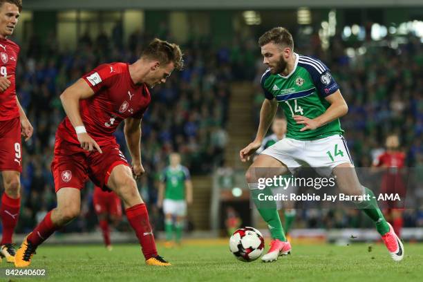 Tomas Kalas of Czech Republic and Stuart Dallas of Northern Ireland during the FIFA 2018 World Cup Qualifier between Northern Ireland and Czech...