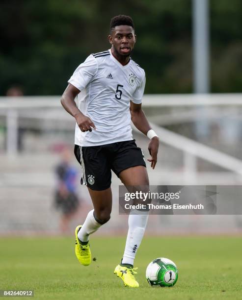 Jordan Torunarigha of Germany plays the ball during the Under 20 Elite League match between Czech Republic U20 and Germany U20 at stadium Juliska on...