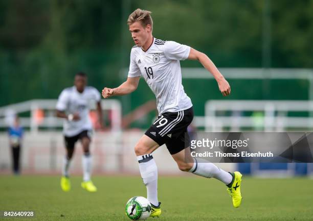 Steffen Tigges of Germany plays the ball during the Under 20 Elite League match between Czech Republic U20 and Germany U20 at stadium Juliska on...