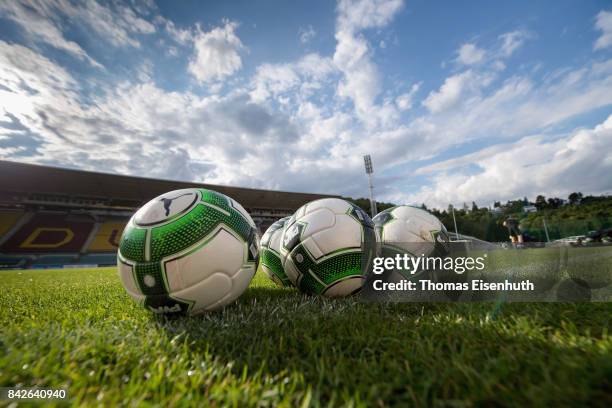 Balls lie on the grass prior the Under 20 Elite League match between Czech Republic U20 and Germany U20 at stadium Juliska on September 4, 2017 in...