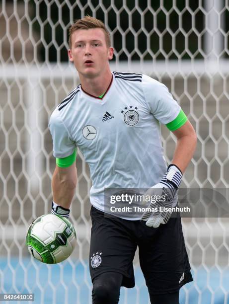 Markus Schubert of Germany in action prior the Under 20 Elite League match between Czech Republic U20 and Germany U20 at stadium Juliska on September...