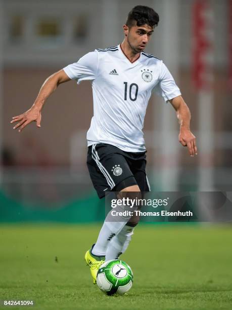 Beyhan Ametov of Germany plays the ball during the Under 20 Elite League match between Czech Republic U20 and Germany U20 at stadium Juliska on...