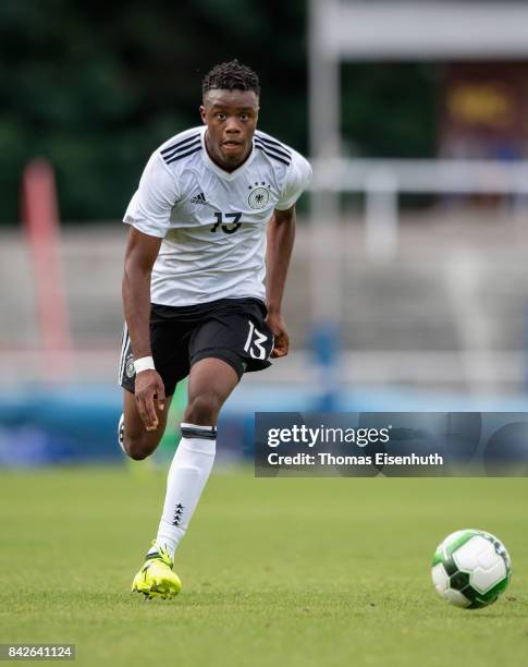 Anderson-Lenda Lucoqui of Germany plays the ball during the Under 20 Elite League match between Czech Republic U20 and Germany U20 at stadium Juliska...