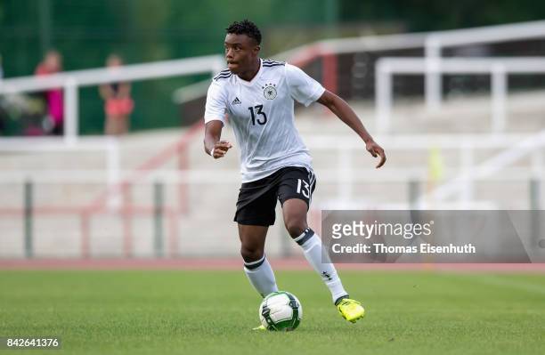 Anderson-Lenda Lucoqui of Germany plays the ball during the Under 20 Elite League match between Czech Republic U20 and Germany U20 at stadium Juliska...