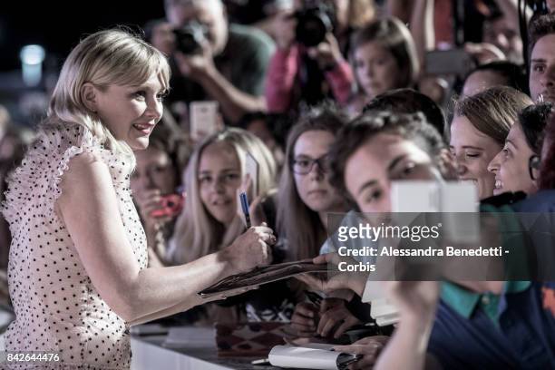 Kirsten Dunst walks the red carpet ahead of the 'TWoodshock' screening during the 74th Venice Film Festival at Sala Giardino on September 4, 2017 in...