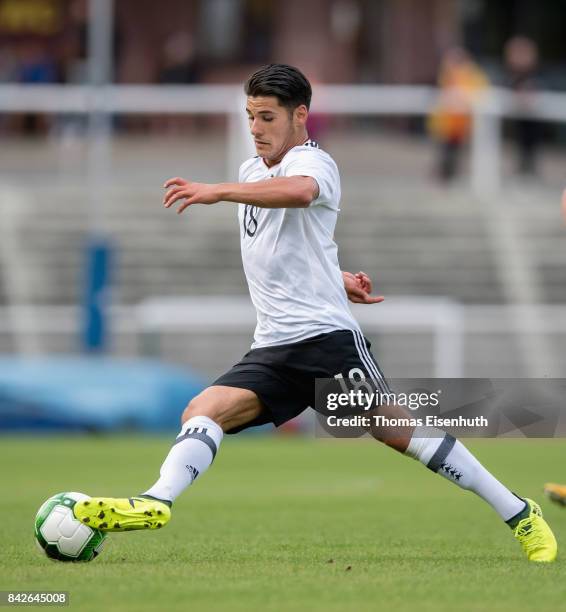 Goerkem Saglam of Germany plays the ball during the Under 20 Elite League match between U20 of the Czech Republic and U20 of Germany at stadium...