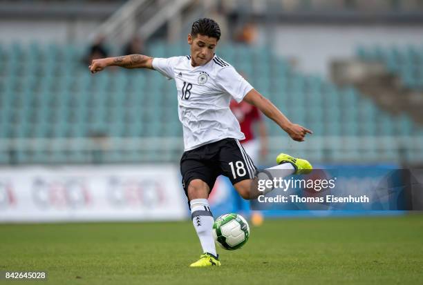 Goerkem Saglam of Germany plays the ball during the Under 20 Elite League match between U20 of the Czech Republic and U20 of Germany at stadium...