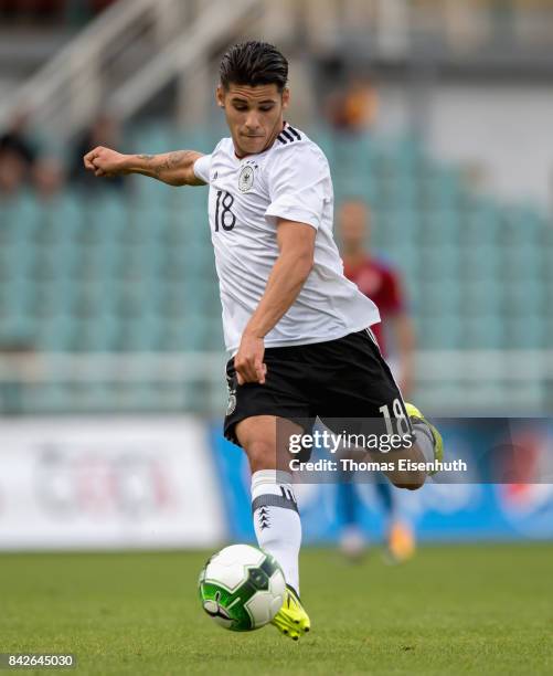 Goerkem Saglam of Germany plays the ball during the Under 20 Elite League match between U20 of the Czech Republic and U20 of Germany at stadium...