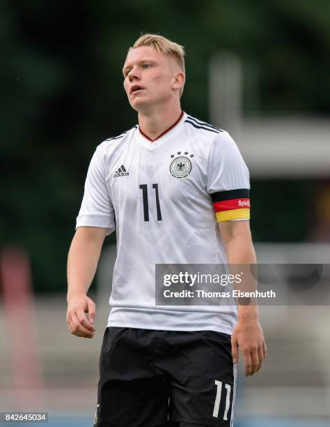 Philipp Ochs of Germany reacts during the Under 20 Elite League match between Czech Republic U20 and Germany U20 at stadium Juliska on September 4,...