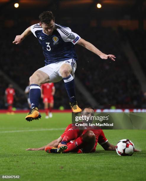 Andy Robertson of Scotland leaps over Steve Borg of Malta during the FIFA 2018 World Cup Qualifier between Scotland and Malta at Hampden Park on...