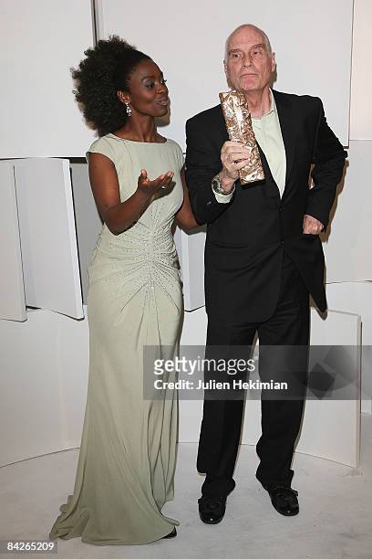 Aissa Meiga and Barbet Schroeder pose in the award room at the Cesar Film Awards 2008 held at the Chatelet Theater on February 22, 2008 in Paris,...